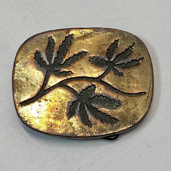 Belt Buckle Copper Brass Toned Japanese Maple Tree Leafs Design VTG Marked 1010 - Picture 12 of 12